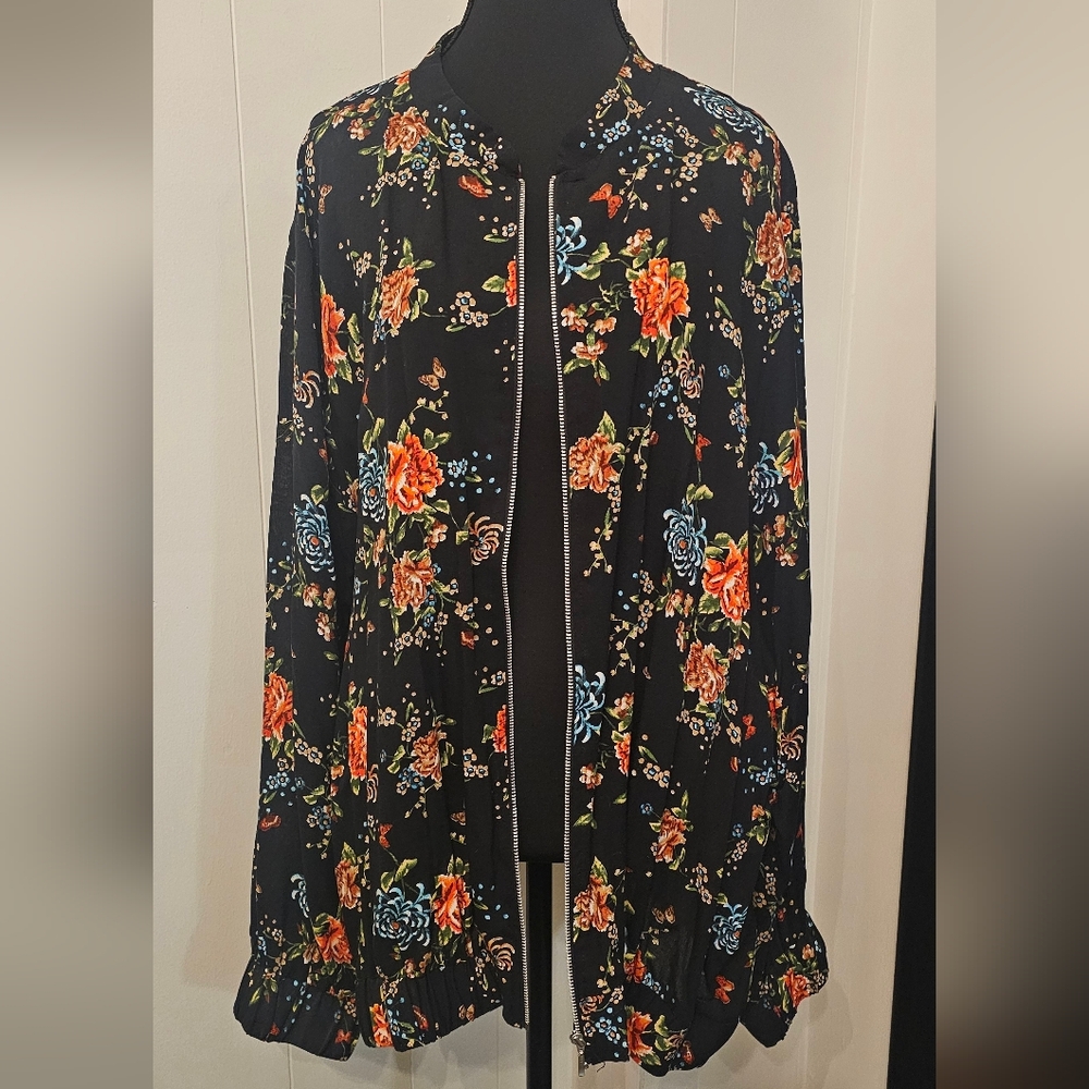 Simply Be Black Floral Zip-Front Bomber Jacket